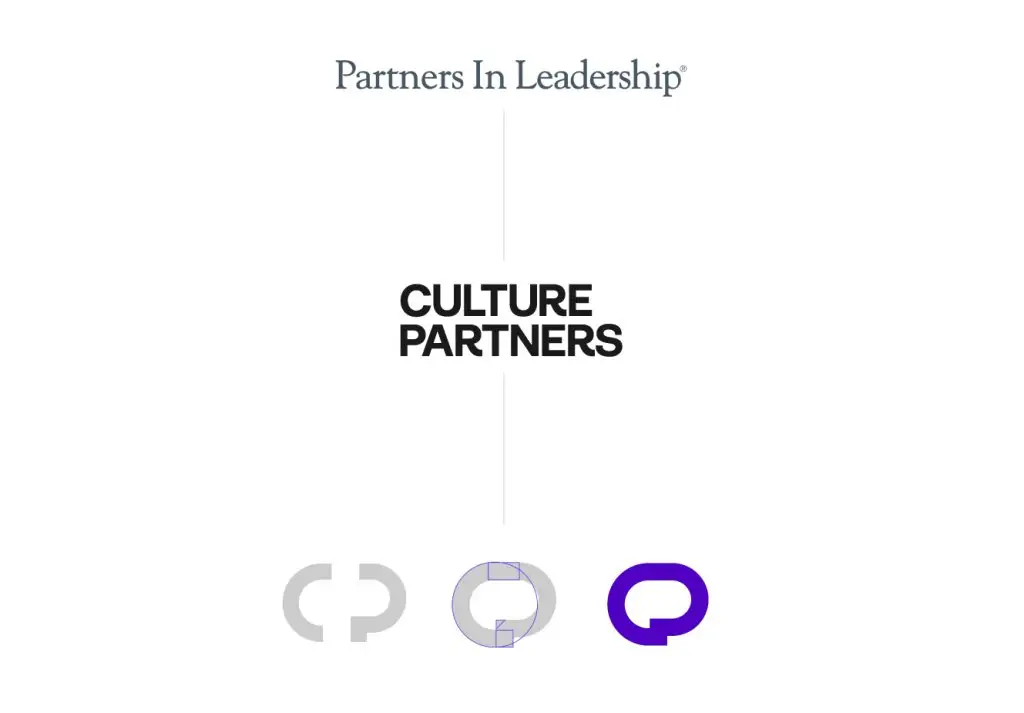 Partners In Leadership previous, serif word mark transitions down into the new Culture Partners logo word and brand mark.